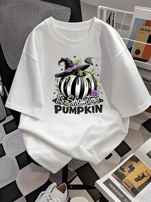 Camiseta festiva para mujer con estampado de calabaza a rayas y sombrero de bruja, estilo informal inspirado en Halloween, perfecta para reuniones de otoño y celebraciones de temporada espeluznantes. - Blanco - Ver 2