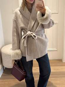 Romantic, Elegant, Minimalist Casual Fashion Commuter Long Sleeve Warm Coat, Solid Color Faux Fur Trim, Women Overcoat For Holiday, Evening Date, Office, Vacation, Autumn/Winter - Khaki - View 6