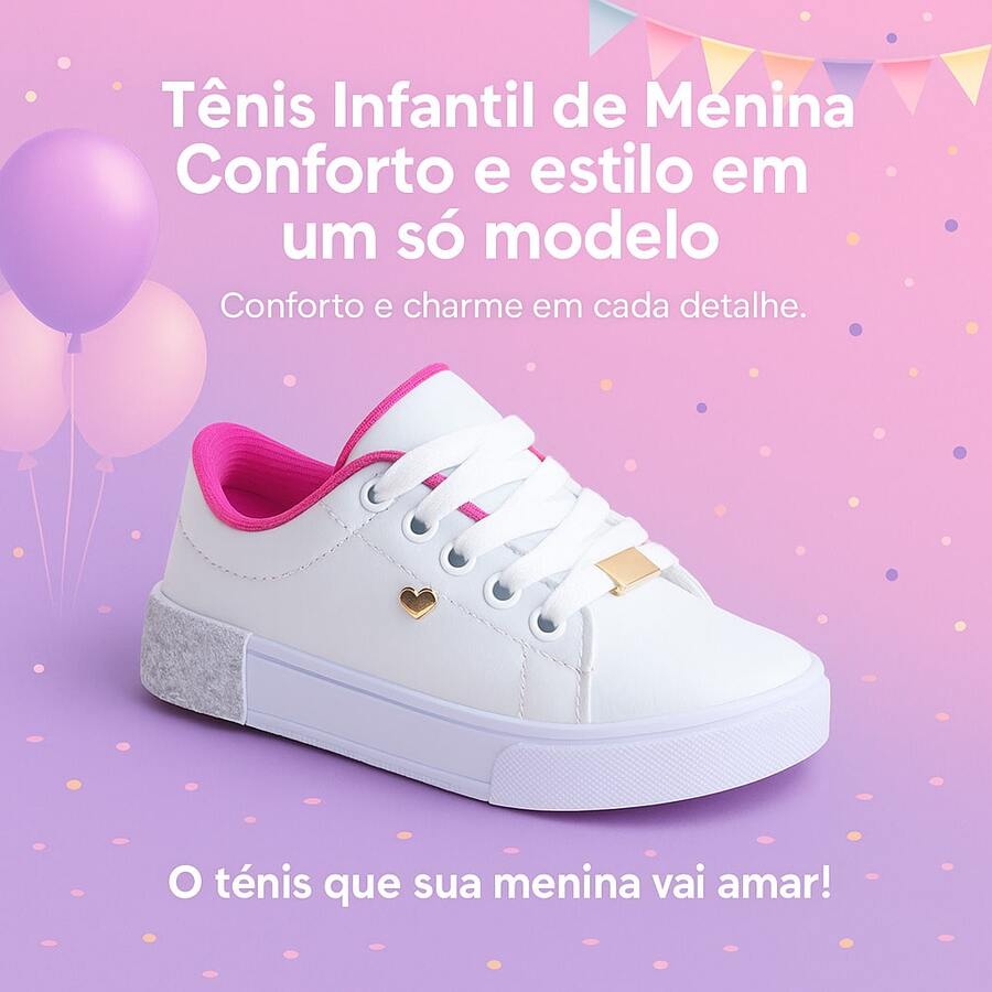 Tênis Infantil Casual Menina – Fácil de Calçar e Super Confortável – Pronta Entrega - Branco - Visão 1