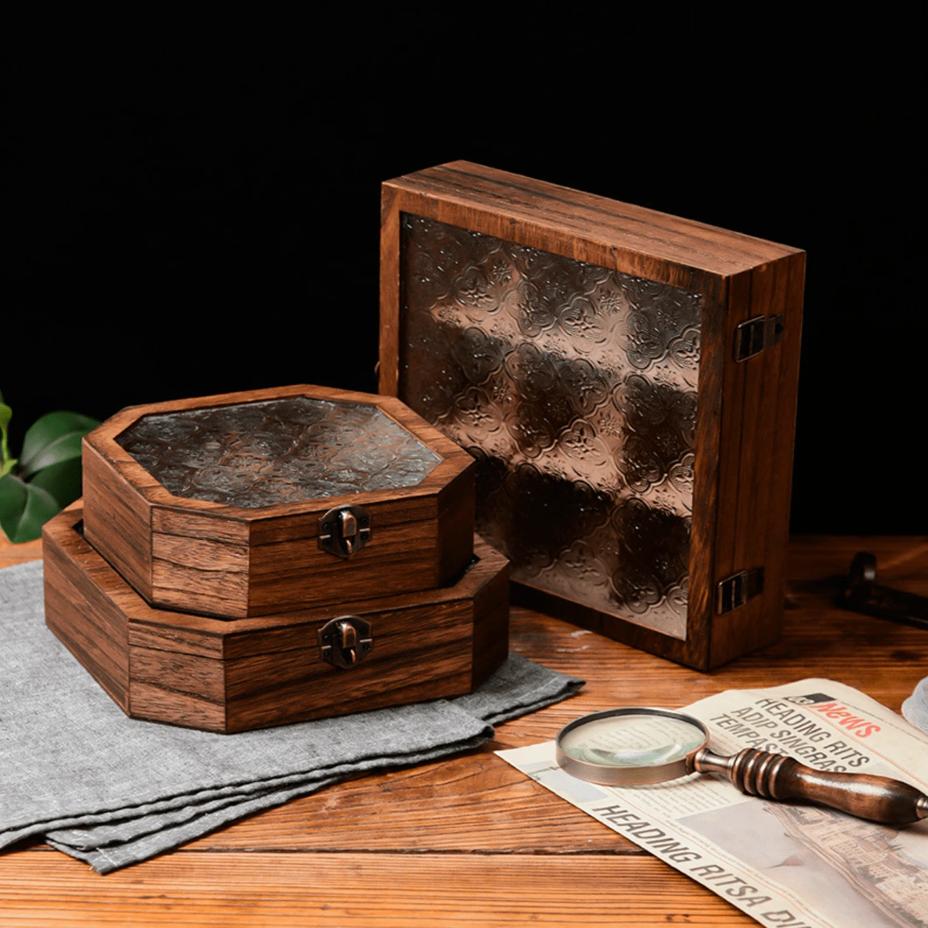 1 pièce Cabinet d'affichage en bois vintage octogonal/carré avec tiroir et dessus en verre, boîte de rangement de maquillage, bijoux, style nordique, organisateur de bureau en bois massif, cadeau idéal pour Halloween et Noël