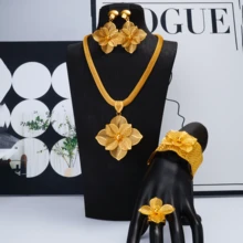 5 قطع/مجموعة مجوهرات عربية تقليدية أنيقة لعيد الأضحى للعروس، تشمل قلادة بزهرة مفرغة، خاتم، سوار، أقراط، مناسبة لاكسسوارات الزفاف والحفلات