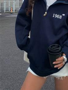 女式宽松立领半拉链长袖运动衫，动感印花时尚美式街头风上衣，秋冬新品 - 藍色 - 查看 3