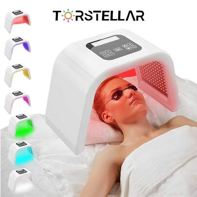  TORSTELLAR Máscara de terapia de luz roja, terapia de luz LED para la cara, máscara facial de luz LED de 7 colores, herramienta de terapia de luz LED para el cuidado de la piel en casa, máscara de belleza facial para cuello, cuerpo y manos