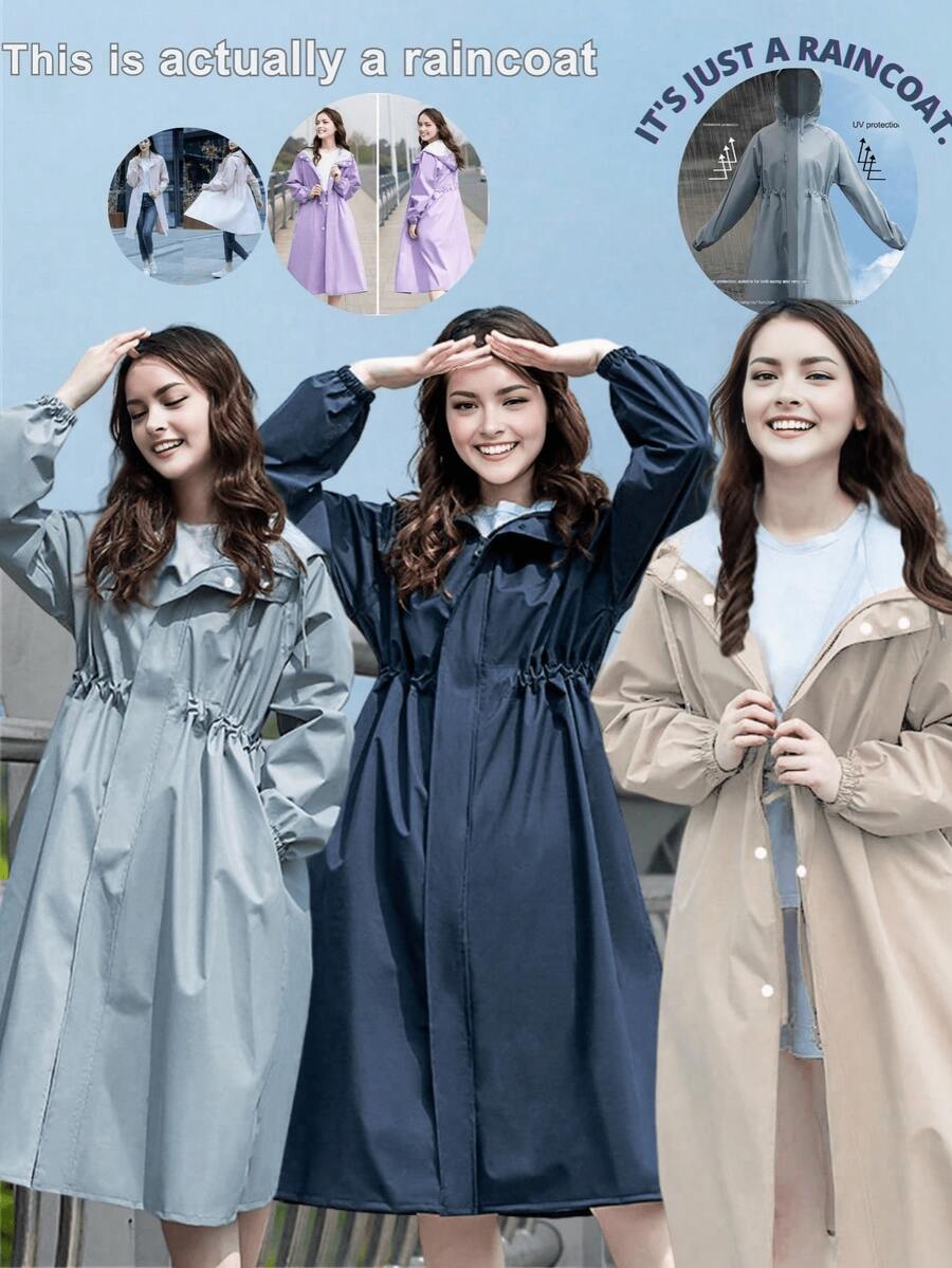 韩国雨衣可重复使用长款雨披女士单排扣防风经典大衣系腰带修身雨衣带腰带、兜帽和翻盖口袋 - 粉色 - 查看 1