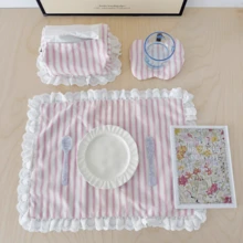 1 件/6 件条纹粉色和蓝色花卉蕾丝少女餐桌装饰、清新桌布、餐巾架、杯垫、背景布、餐垫 - 彩色 - 查看 9
