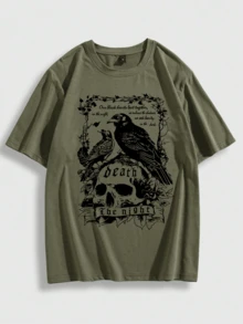 Raven Skull Unisex Cotton Slogan T-Shirt - 軍綠色 - 查看 7