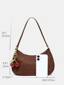 1 件 Novachic 柔软绒面短毛绒咖啡棕色可爱樱桃装饰简约单肩包，拉链开合，复古风格，腋下包，适合各种场合，秋冬 - 咖啡 - 查看 7