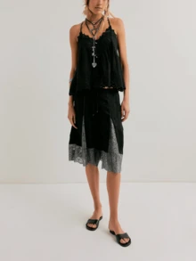 Womens Free Lace Trim Patchwork Wide Leg Half Slip People Fp  Knee Length Ruffle Hem Flowy Shorts With Pockets Y2k Going Out Swing Drawstring Bloomer Skort Cute Low Rise Satin Capri Mid Pants - Black - View 1
