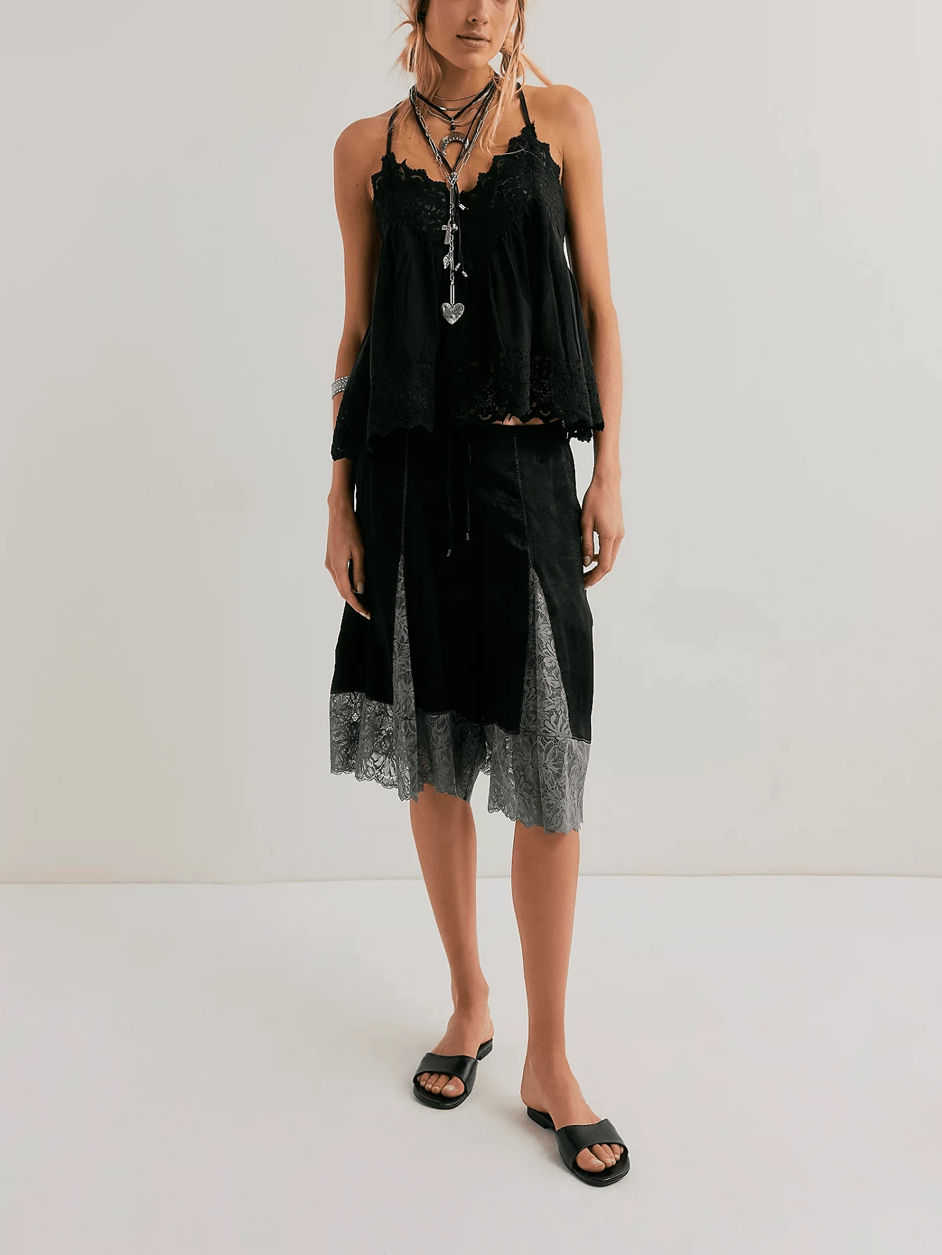 Womens Free Lace Trim Patchwork Wide Leg Half Slip People Fp Knee Length Ruffle Hem Flowy Shorts With Pockets Y2k Going Out Swing Drawstring Bloomer Skort Cute Low Rise Satin Capri Mid Pants - Black - View 1