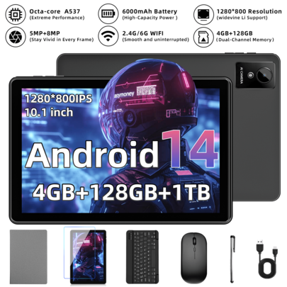 Qetupa 10.1 Inch Tablet,2025 Android 14 Tablet,4GB RAM+128GB ROM,1280*800px Touch Screen,5MP+8MP DuaCamera,A537 Octa-Core 2.0 GHz. 6000mAh Battery,Supports 1TB SD Expansion,BT5.4&802.11ac Wifi2.4G/6G Wireless-- Christmas Atmosphere Essentials & Halloween Fun Equipment