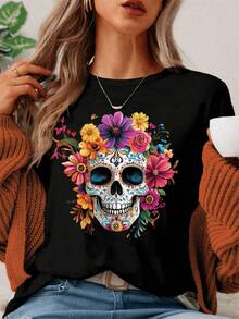 Camiseta casual para mujer de manga corta con cuello redondo, ajuste suelto, con gráfico de esqueleto y flores