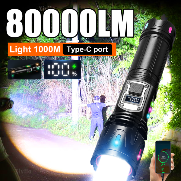 New 80000LM High Power LED Flashlight 18650 Rechargeable Torch Super Bright 1000m Spotlight Outdoor Zoom 30W LED Flashlights Hunting Camping Fluorescent Torch