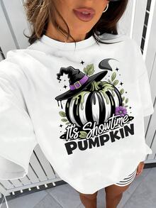 Camiseta festiva para mujer con estampado de calabaza a rayas y sombrero de bruja, estilo informal inspirado en Halloween, perfecta para reuniones de otoño y celebraciones de temporada espeluznantes. - Blanco - Ver 1