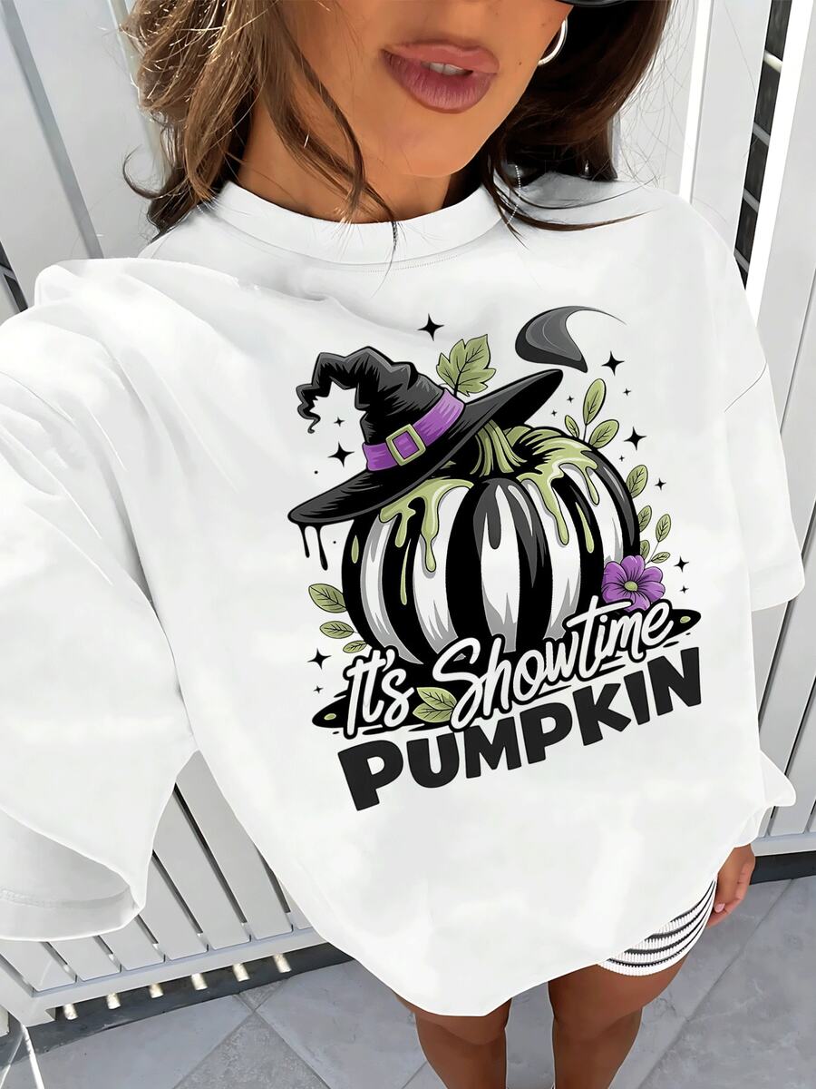 Camiseta festiva para mujer con estampado de calabaza a rayas y sombrero de bruja, estilo informal inspirado en Halloween, perfecta para reuniones de otoño y celebraciones de temporada espeluznantes. - Blanco - Ver 1