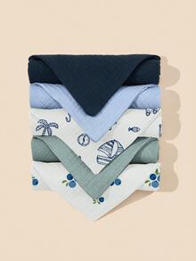 5件装花卉和卡通动物印花婴儿纯棉纱布围兜、喂奶手帕、拍嗝巾 - 彩色 - 查看 7