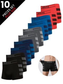 10-Pack Large-Size Men's Seamless Solid Color Elastic Letter Waistband Comfortable And Soft Boxer Briefs, Stylish And Simple Side Stripe Design - 彩色 - 查看 1