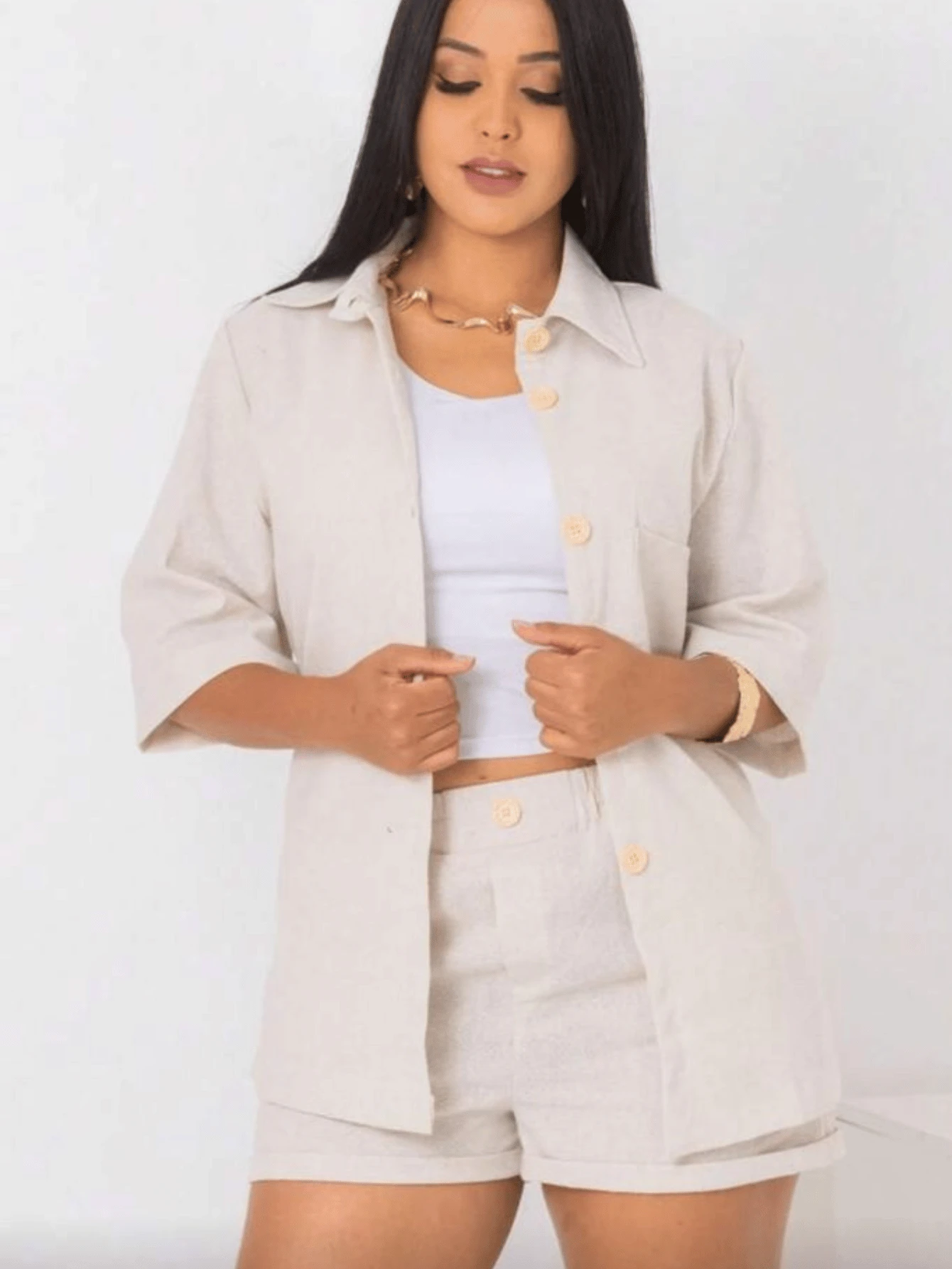 Linen Shorts And 3/4 Sleeve Shirt Set - Màu be - Xem 1