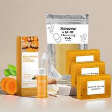 4pcs Turmeric Facial Cleansing Set, Including 30 Facial Wipes, 1/3/5 Pieces Of Handmade Turmeric Kojic Acid Soap, And 1 Bottle Of Turmeric And Damascus Rose Facial Cleansing Mousse. It Provides Deep Cleansing And Moisturizing, Contains A Large Amount Of Curcumin, Vitamin E, And Rose Essence, And Is Suitable For The Face And Body With A Natural And Mild Formula. - 黃色 - 查看 2