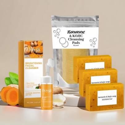 4pcs Turmeric Facial Cleansing Set, Including 30 Facial Wipes, 1/3/5 Pieces Of Handmade Turmeric Kojic Acid Soap, And 1 Bottle Of Turmeric And Damascus Rose Facial Cleansing Mousse. It Provides Deep Cleansing And Moisturizing, Contains A Large Amount Of Curcumin, Vitamin E, And Rose Essence, And Is Suitable For The Face And Body With A Natural And Mild Formula.