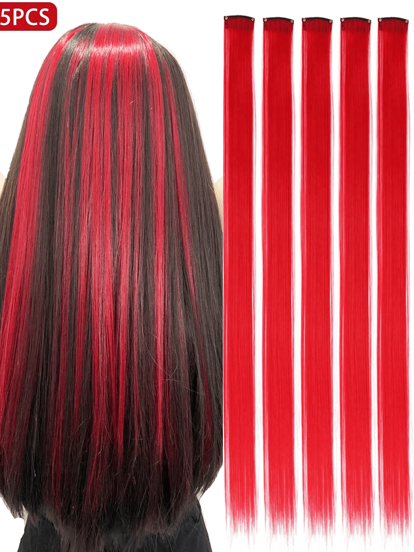 5 PCS Red Colored Clip In Hair Extensions 20 Inch Long Straight Hairpieces Clip In Synthetic, Halloween Cosplay Dress Up Fashion Party Christmas New Year Gift For Women Christmas New Year Carnival Music Festival Use(RED) - 紅色 - 查看 1
