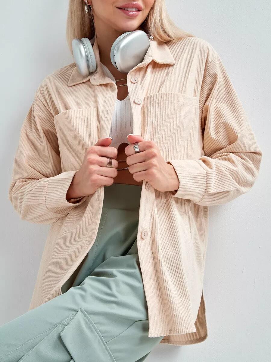 女式纽扣衬衫领长袖休闲衬衫 - 杏色 - 查看 1