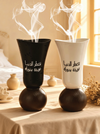 这款树脂香炉底座呈圆形杯状，饰有阿拉伯文字。它可用于家居装饰、办公室装饰、节日庆典、瑜伽馆等场所。此外，它还可用于芳香疗法。这款香炉也是节日礼物、返校礼物、纪念品或客厅装饰品的理想之选。适合作为闺蜜礼物、女士礼物、冬季礼物或结婚礼物。