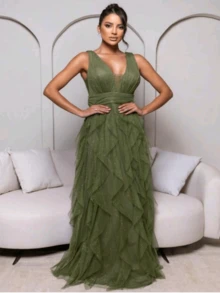 Long Dress Graduation Party Wedding Guest Godmother - Olive Green - View 1