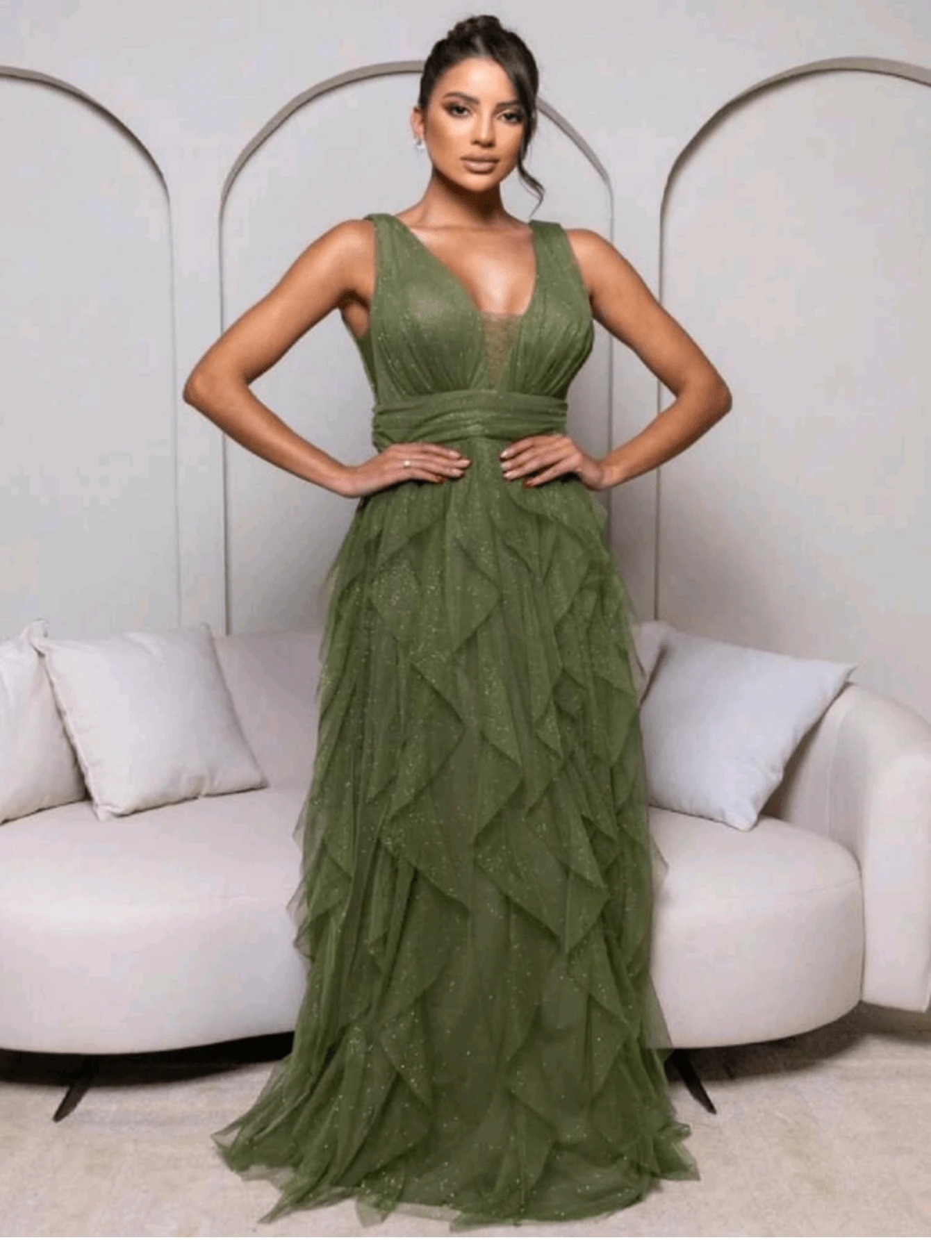 Long Dress Graduation Party Wedding Guest Godmother - Olive Green - View 1