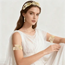 5件套希腊女神服饰配饰套装，包括1个金叶皇冠头饰、2个螺旋臂环、2个垂坠耳环，适合新娘婚礼、托加长袍、万圣节及其他场合。 - 金色 - 查看 3