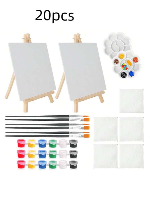 2/20 pièces Mini set de canevas et chevalet (7 planches à dessin + 2 chevalets + 3 peintures + 6 pinceaux + 2 palettes) convient pour la peinture, la peinture à l'huile, la pratique de l'aquarelle, la peinture miniature et micro, les fournitures pour fête de peinture et d'art