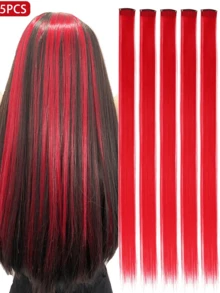 5 PCS Red Colored Clip In Hair Extensions 20 Inch Long Straight Hairpieces Clip In Synthetic, Halloween Cosplay Dress Up Fashion Party Christmas New Year Gift For Women Christmas New Year Carnival Music Festival Use(RED) - 紅色 - 查看 11