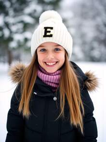 1 chiếc mũ len thêu chữ cá nhân hóa cho bé gái, mũ len trẻ em 26 chữ cái, mũ len xoắn mùa đông mới, mũ lông cừu dày dặn có quả bông mềm mại, mũ len giữ ấm màu trơn cho trượt tuyết. - trắng - Xem 2