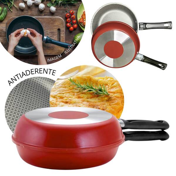 Frigideira Dupla Hamburgueira e Omeleteira Antiaderente 18cm Vermelha Jogo Starflon Frita Sem Óleo Ovos Carne Para Cozinha E Restaurante