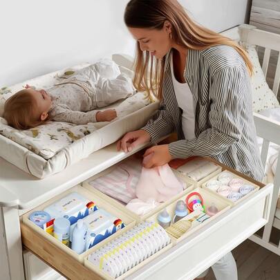 12 件可折叠婴儿收纳盒和储物盒 - 卧室壁橱收纳盒、衣柜 - 新生儿内衣、袜子、胸罩、腰带、领带抽屉隔板，米色抽屉收纳盒