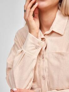 女式纽扣衬衫领长袖休闲衬衫 - 杏色 - 查看 5