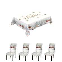 Conjunto de toalha de mesa e capa para cadeira com estampa digital decorativa de 1/4/5/6/35 peças, casa de neve de Natal, rena, Papai Noel, árvore de Natal - Toalha de mesa lavável e à prova de poeira para móveis internos, adequada para decoração de sala de jantar interna, reuniões familiares, presentes, festas de fim de ano