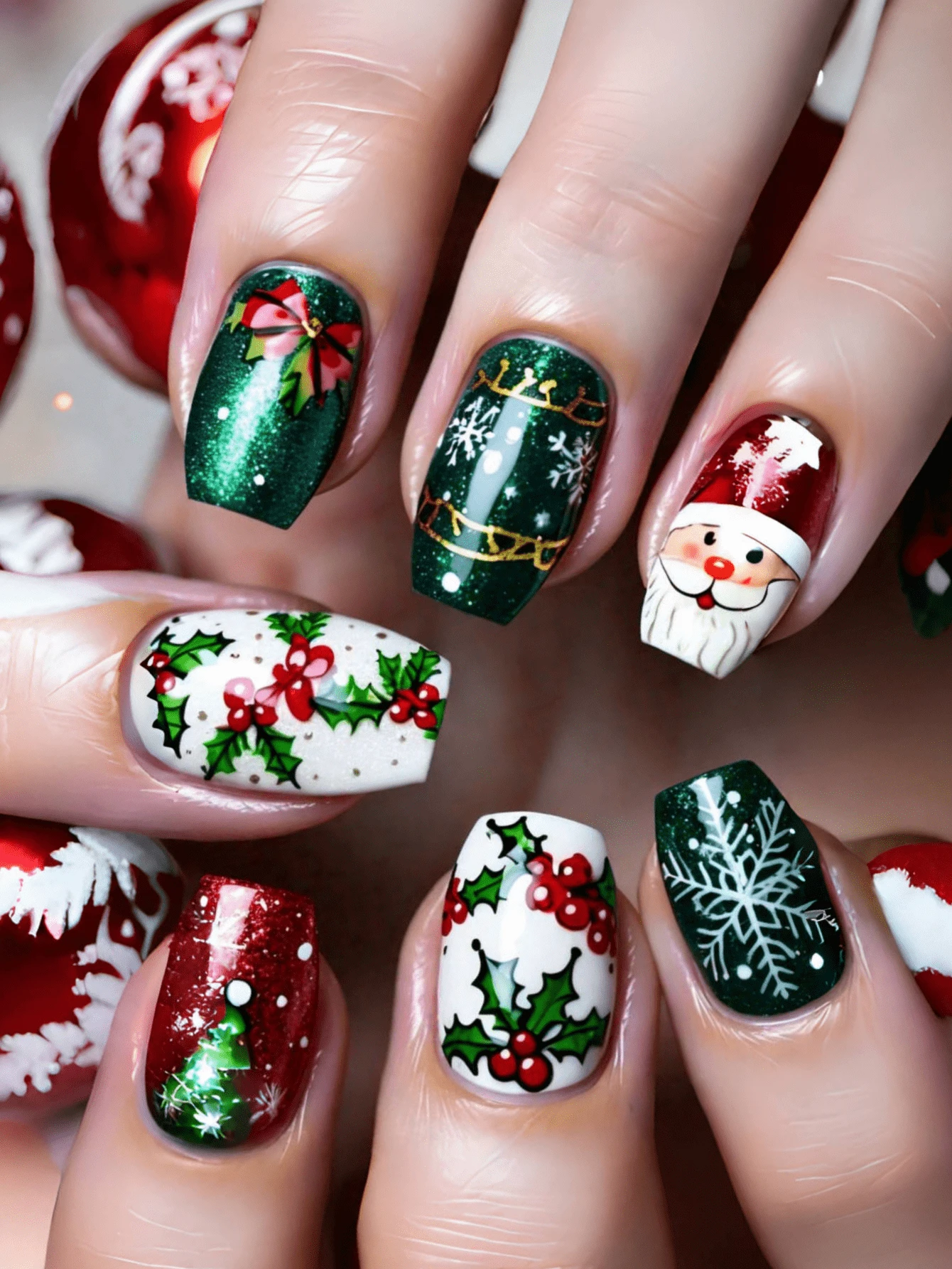 圣诞节必备美甲：法式尖头指甲、圣诞老人雪花图案指甲、可爱假指甲、秋季贴片指甲、绿色指甲 - 綠色 - 查看 1