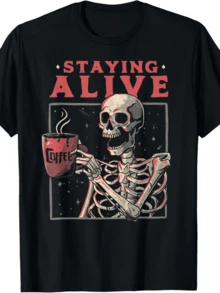 Funny Skull Staying Alive Skeleton Drinking Coffee T-Shirt - màu đen - Xem 1