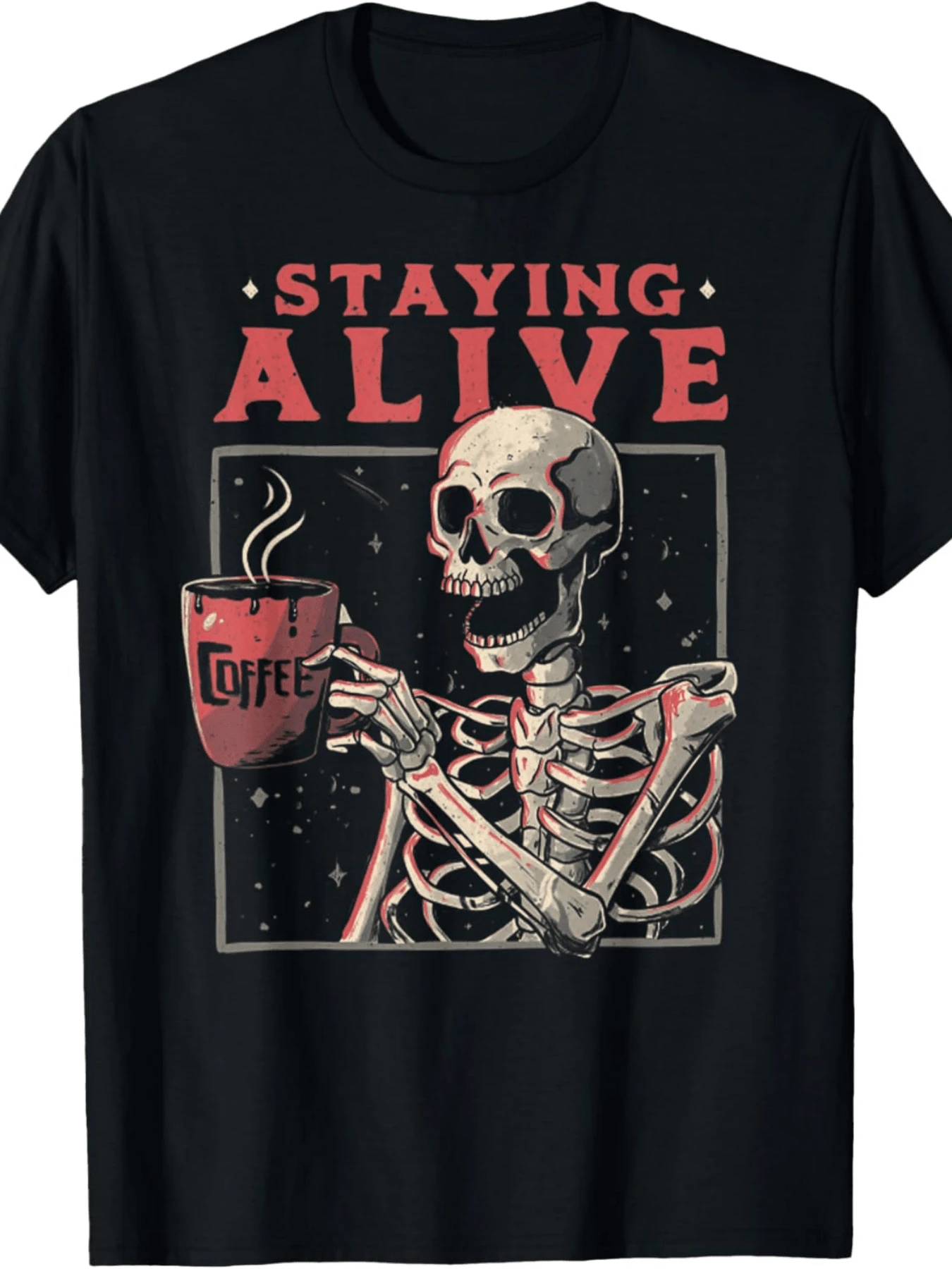 Funny Skull Staying Alive Skeleton Drinking Coffee T-Shirt - màu đen - Xem 1