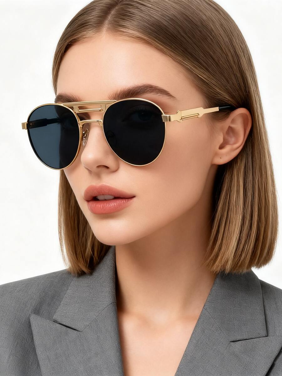 Phong cách kim loại cổ điển! Với thiết kế lò xo, gọng tròn vàng siêu thoải mái, kính mát màu thời trang Steampunk dành cho nữ, phụ kiện kim loại, bền bỉ - Nhiều màu - Xem 1