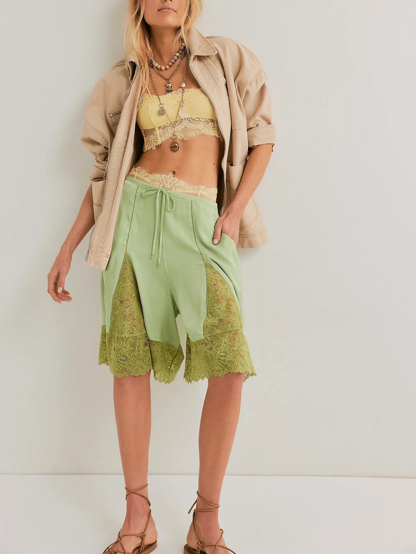 Womens Free Lace Trim Patchwork Wide Leg Half Slip People Fp Knee Length Ruffle Hem Flowy Shorts With Pockets Y2k Going Out Swing Drawstring Bloomer Skort Cute Low Rise Satin Capri Mid Pants - Green - View 1