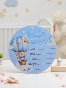 1pc "Hello World" Birth Announcement Board, Baby Photo Prop Wooden Plaque, Baby Milestone Marker, Christening Gift (Boy/Girl) - Blue - View 8