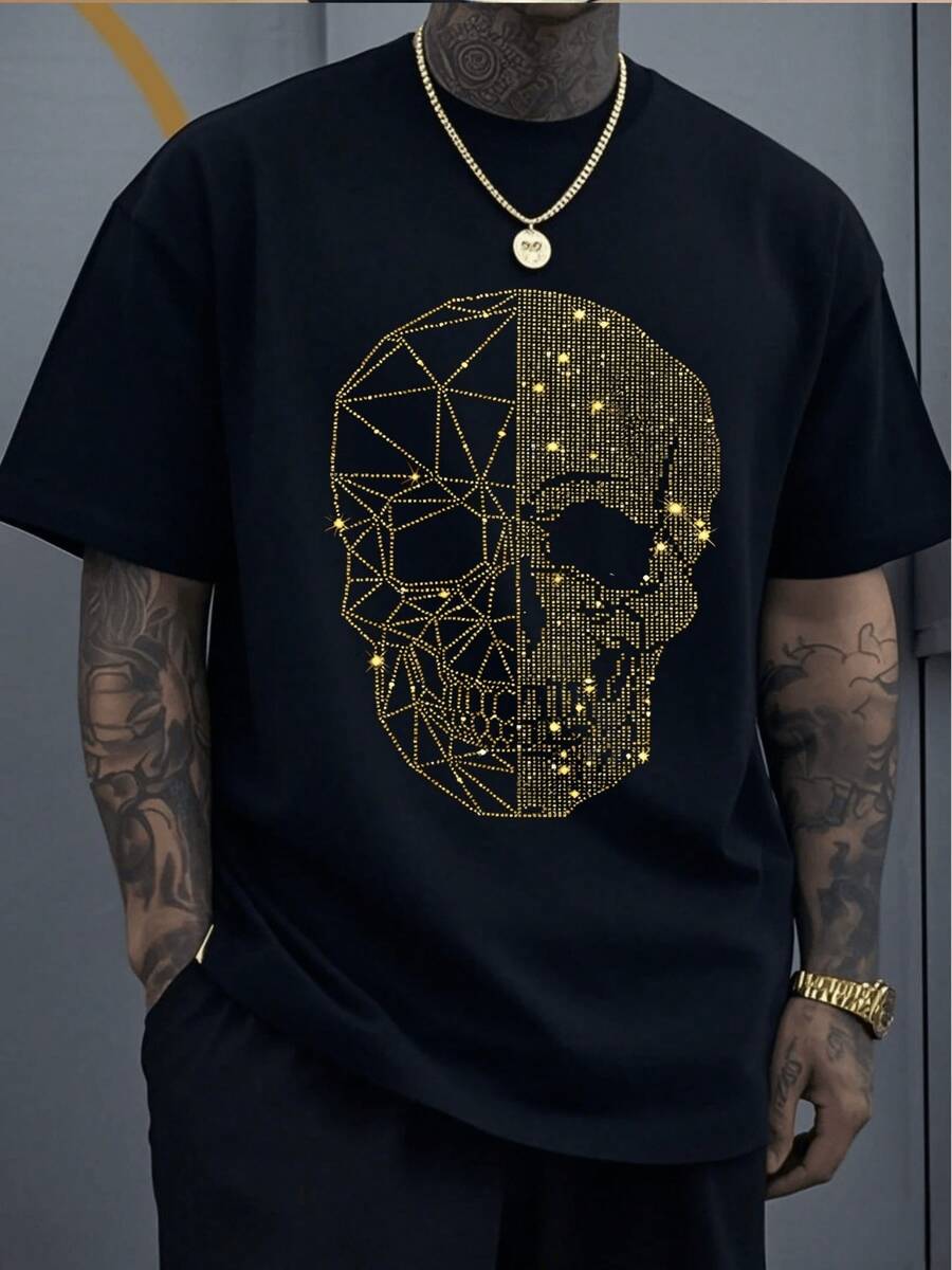 Geometric Gold Rhinestone Skull Graphic Plus Size T Shirt 220g Heavyweight Comfortable Fit  For A Bold Statement - màu đen - Xem 1