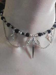 1pc Rivet, Crystal Beaded, Geometric Pendant Tassel Punk Stainless Steel Multicolor Necklace, Suitable For Women, Dance, Music Festival, Party, Daily Outfit Accessory