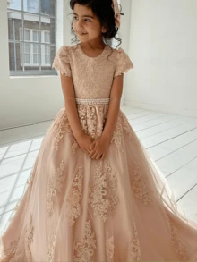 1pc Girl's Lace Appliques Flower Girl Dress With Sleeves Bow-Knot Princess Pageant Dresses Ball Gown, Halloween Gift, Perfect Holiday Gift, Flower Girl Dress For Wedding Tulle First Communion Dress Girls Princess Pageant Dresses Lace Appliques Ball Gown Prom Party Dress Kids Formal Bridesmaid Wedding Party Dresses Flower Girl Dresse - 白色 - 查看 4
