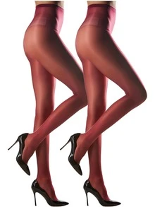 1 Pair Women's Shiny Burgundy Sheer High Elasticity Pantyhose, Sexy & Fashionable, Suitable For Dates, Parties And Christmas Gifts - Burgundy - View 19