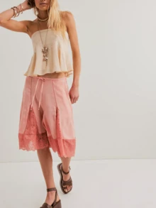 Womens Free Lace Trim Patchwork Wide Leg Half Slip People Fp  Knee Length Ruffle Hem Flowy Shorts With Pockets Y2k Going Out Swing Drawstring Bloomer Skort Cute Low Rise Satin Capri Mid Pants - Pink - View 2