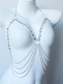 1pc Sexy Rhinestone Tassel Chest Chain, Women's Nightclub Bikini Body Chain