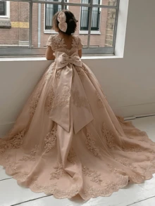 1pc Girl's Lace Appliques Flower Girl Dress With Sleeves Bow-Knot Princess Pageant Dresses Ball Gown, Halloween Gift, Perfect Holiday Gift, Flower Girl Dress For Wedding Tulle First Communion Dress Girls Princess Pageant Dresses Lace Appliques Ball Gown Prom Party Dress Kids Formal Bridesmaid Wedding Party Dresses Flower Girl Dresse - 白色 - 查看 3