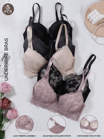 5件装女士蕾丝钢圈聚拢文胸，适合日常休闲穿着，小胸型适用